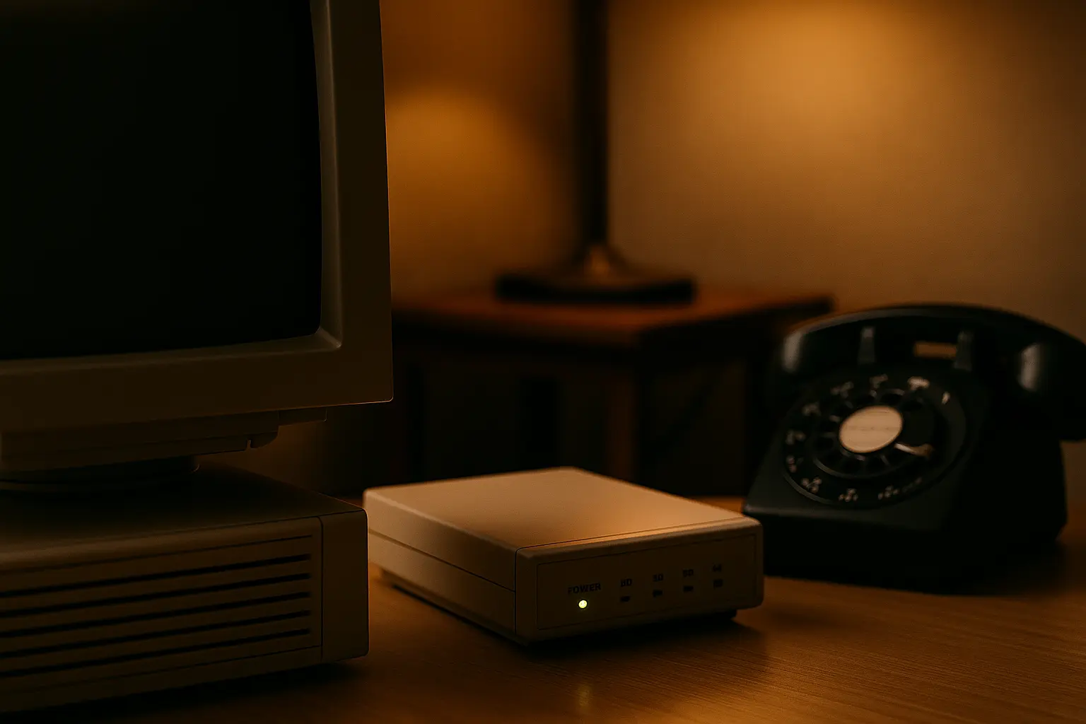 Ký ức dial-up với máy tính cũ, modem quay số và điện thoại bàn trong ánh đèn ấm.