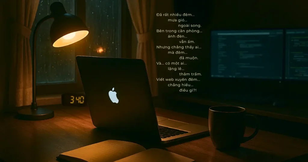 Viết blog đầu tiên trên t2tDigital lúc 3 giờ sáng – laptop và tách cà phê dưới ánh đèn vàng, không gian tĩnh lặng để viết blog
