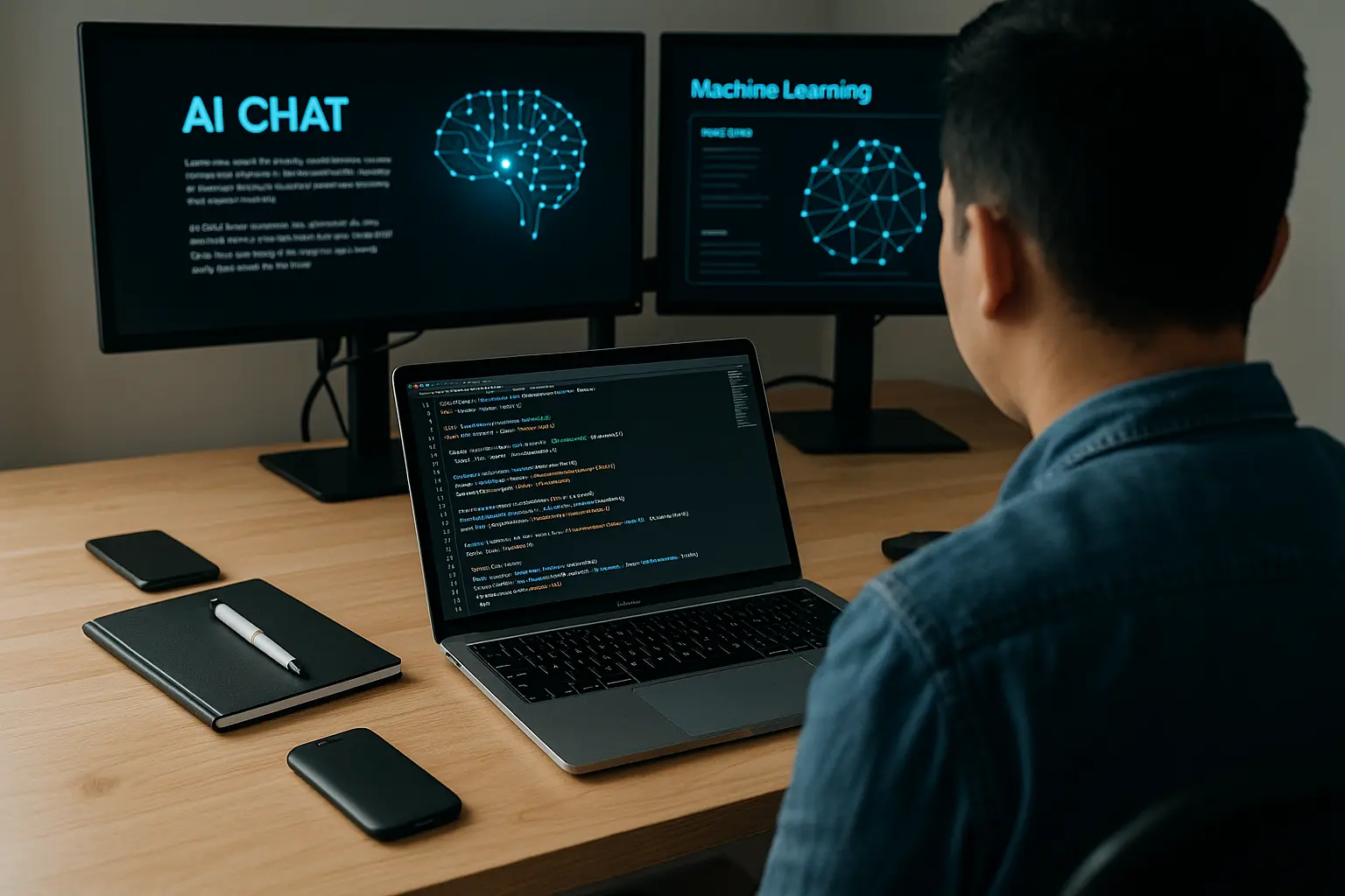 Phòng lab tri thức: màn hình neural, bàn làm việc đêm — mở lối khám phá cùng t2tDigital