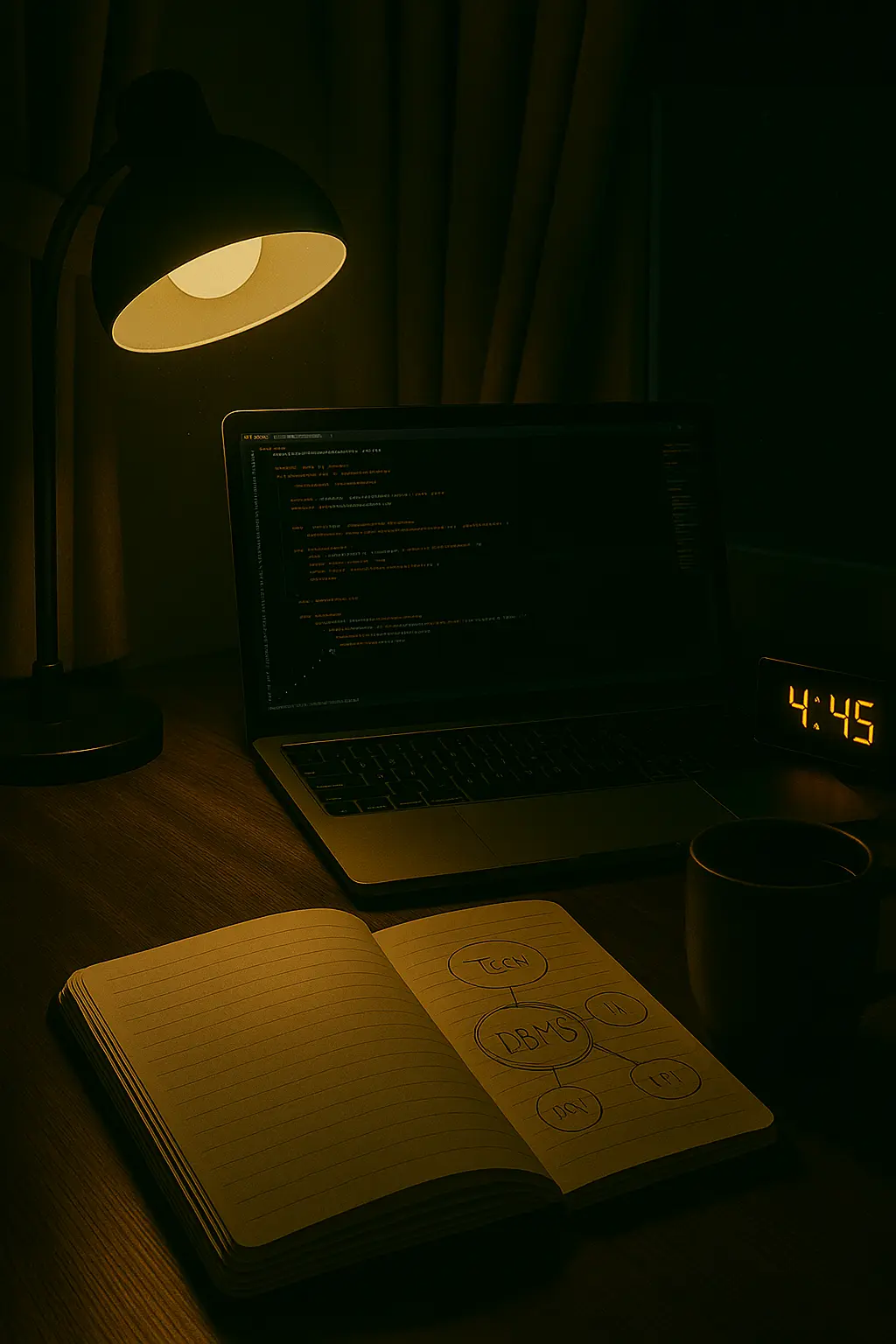 Phòng làm việc đêm khuya – ánh đèn bàn, laptop và tách cà phê — linh hồn của t2tDigital.