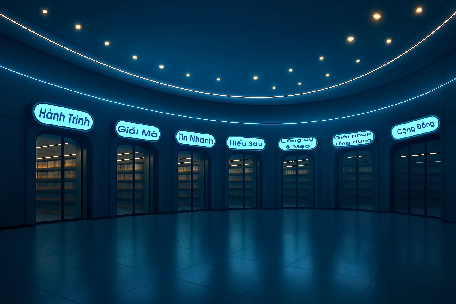 Đại sảnh khám phá t2tDigital với bảy cánh cửa chuyên mục sáng nhẹ trong không gian công nghệ hiện đại.