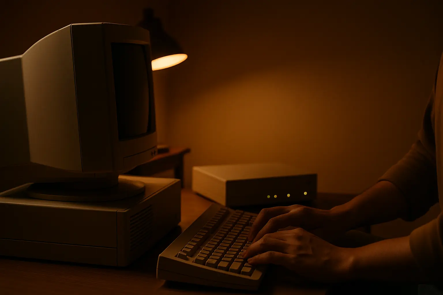 Một người tự học công nghệ năm 1998 ngồi trước chiếc máy tính cũ trong căn phòng ánh đèn vàng ấm.