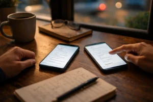 Hai điện thoại cùng hiển thị kết quả AI khác nhau trên bàn gỗ trong không gian ấm, minh họa cho bài viết "Cùng một câu hỏi, vì sao hai AI trả lời khác nhau?".