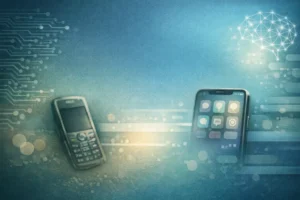 Hình minh họa sự chuyển đổi từ điện thoại phím bấm sang smartphone, gợi liên tưởng đến việc ChatGPT vẫn là cùng một công cụ nhưng cách trả lời đã khác trước.