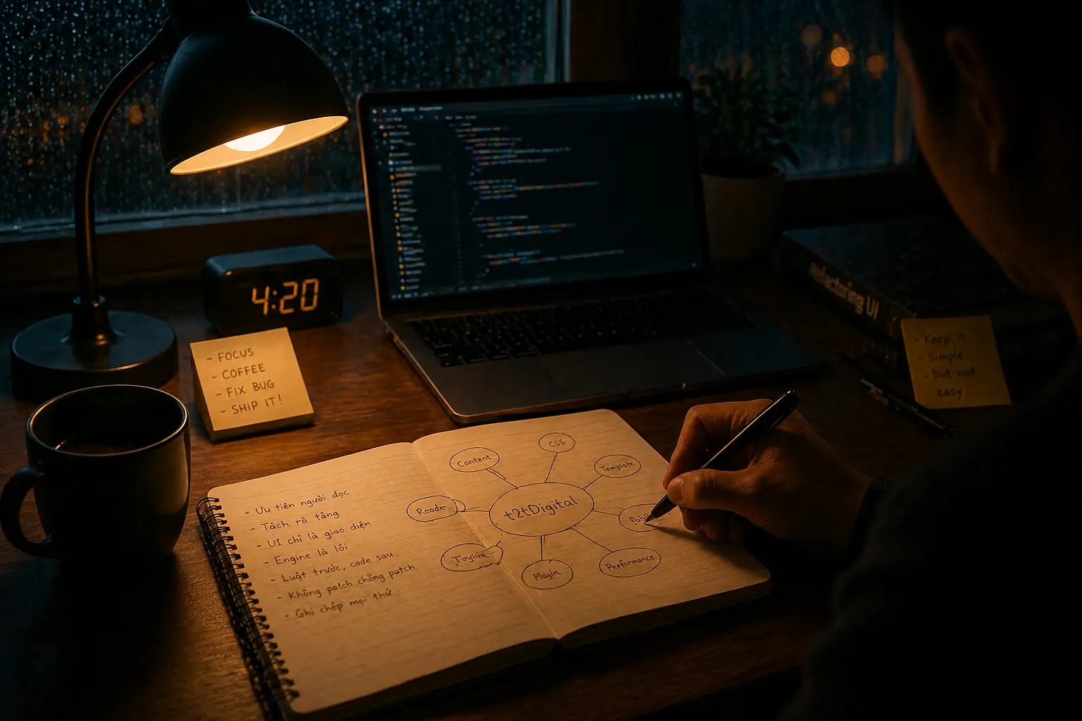 Bàn làm việc đêm mưa với sổ tay vẽ mindmap t2tDigital, laptop mở code, đèn vàng và cà phê, thể hiện quá trình biến các bản sửa lỗi thành bản đồ chiến lược.