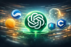 Hình minh họa ngang về việc ChatGPT đổi model, với ChatGPT ở trung tâm và các công cụ AI khác xung quanh, gợi bối cảnh AI đang thay đổi nhanh.