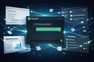 Minh họa ChatGPT kết nối thêm công cụ như Notion, Dropbox, Box và Linear trong bối cảnh công việc số.