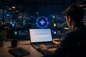 Minh họa Gemini trong Gmail Docs Drive và các ứng dụng Google Workspace, hỗ trợ người dùng xử lý email, tài liệu và file công việc.