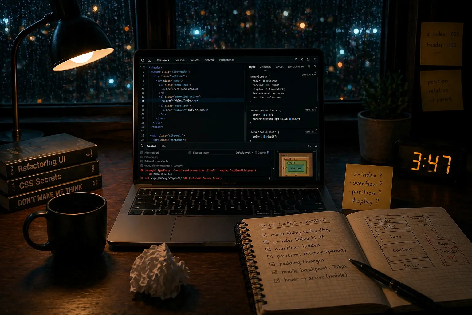 Bàn làm việc đêm mưa với laptop mở DevTools và CSS, màn hình code, sổ ghi chú test case và ly cà phê, gợi lại những cú lú khi debug website t2tDigital.