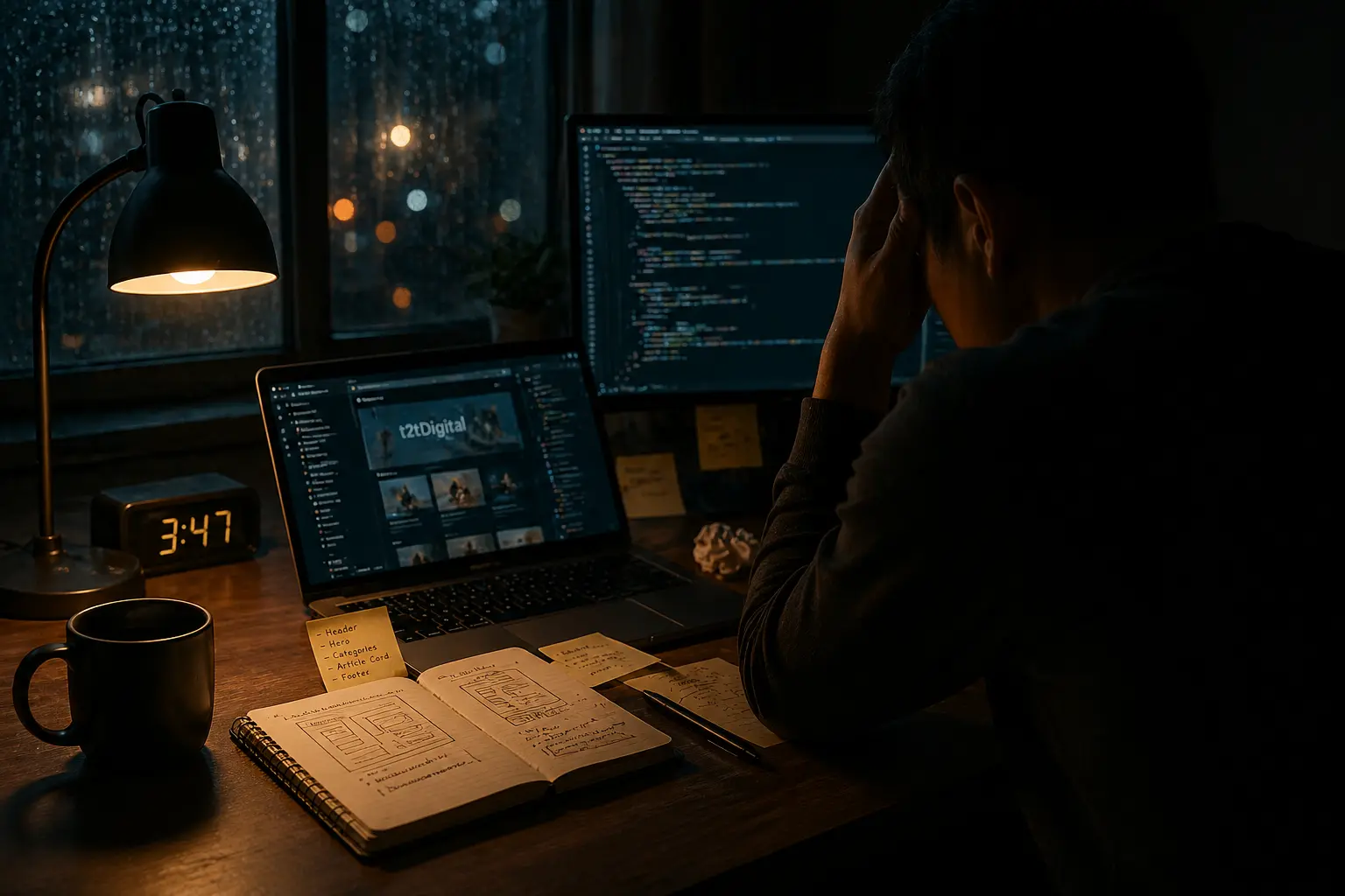 Hành trình xây dựng website cá nhân của một người đang ngồi trong căn phòng đêm mưa với laptop và màn hình code, thể hiện cảm giác mắc kẹt vì muốn website t2tDigital thật hoàn hảo trước khi ra mắt.