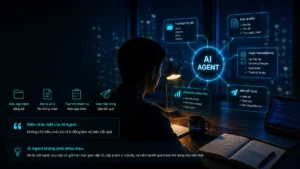Minh họa AI Agent hỗ trợ đọc file, tổng hợp tài liệu và soạn báo cáo trên máy tính.