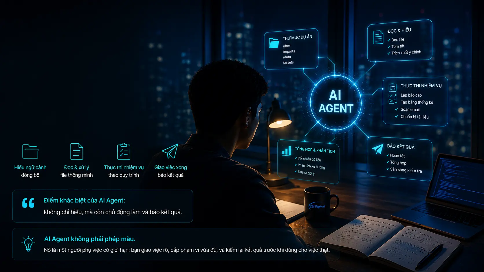 Minh họa AI Agent hỗ trợ đọc file, tổng hợp tài liệu và soạn báo cáo trên máy tính.