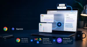 Minh họa Gemini trong Gmail Drive Docs và Chrome, với laptop hiển thị panel Gemini trong hệ sinh thái Google.
