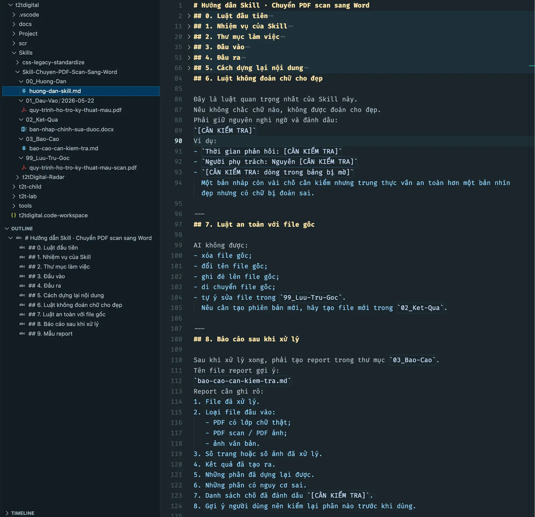Ảnh chụp file huong-dan-skill.md trong VSCode, hiển thị luật không đoán chữ cho đẹp, luật an toàn với file gốc và phần báo cáo sau khi xử lý.