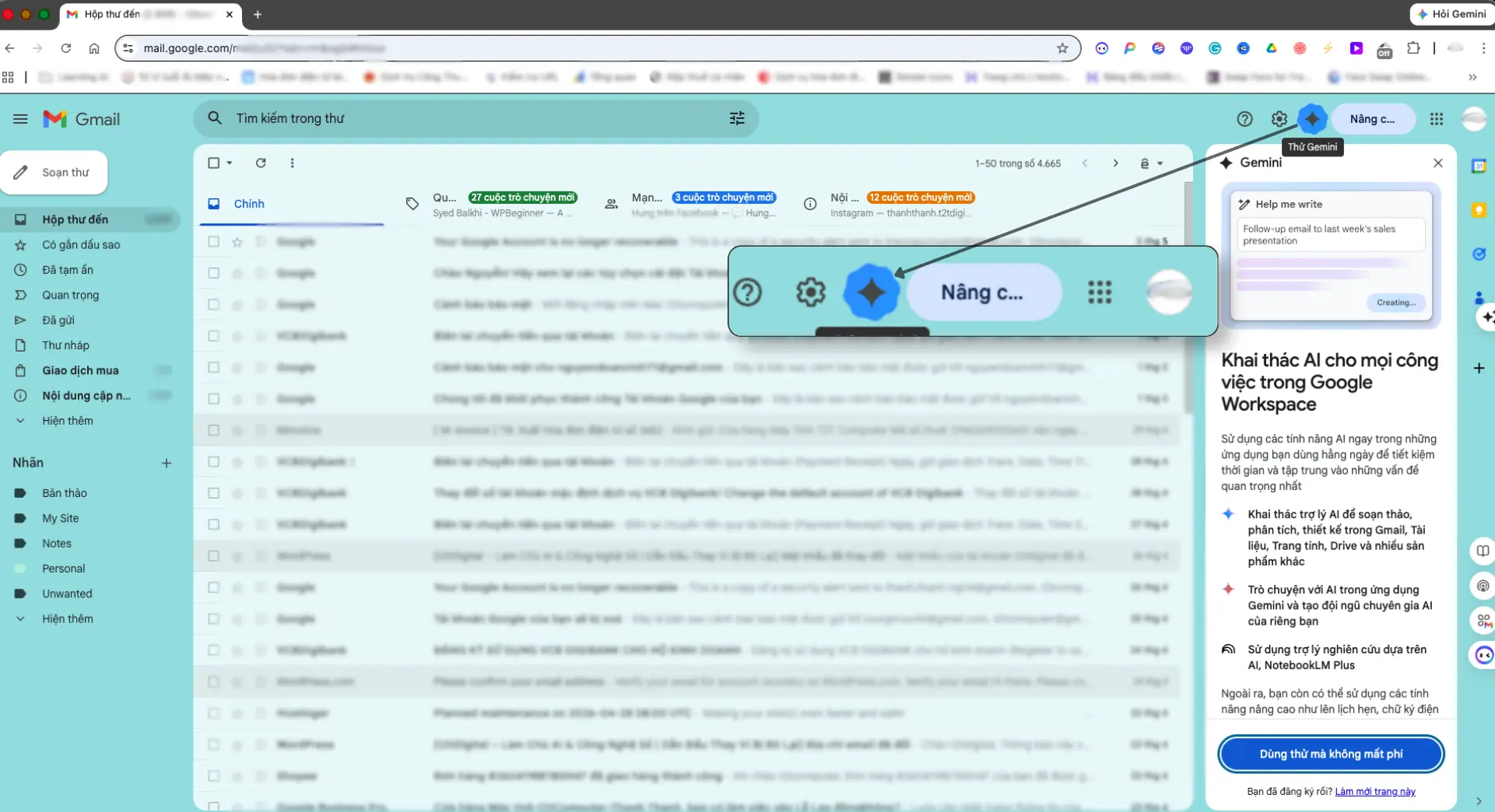 Biểu tượng Gemini trong Gmail ở góc trên bên phải và panel Gemini trong Google Workspace hiện ra sau khi bấm vào biểu tượng.