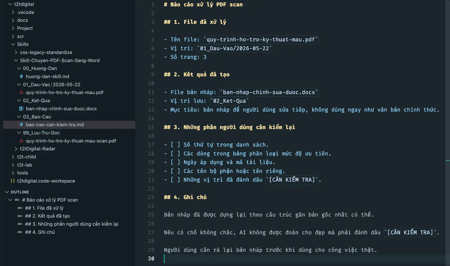 Ảnh chụp thư mục Kết Quả và Báo Cáo sau khi Skill xử lý PDF scan, gồm file bản nháp Word và report chỗ cần kiểm.
