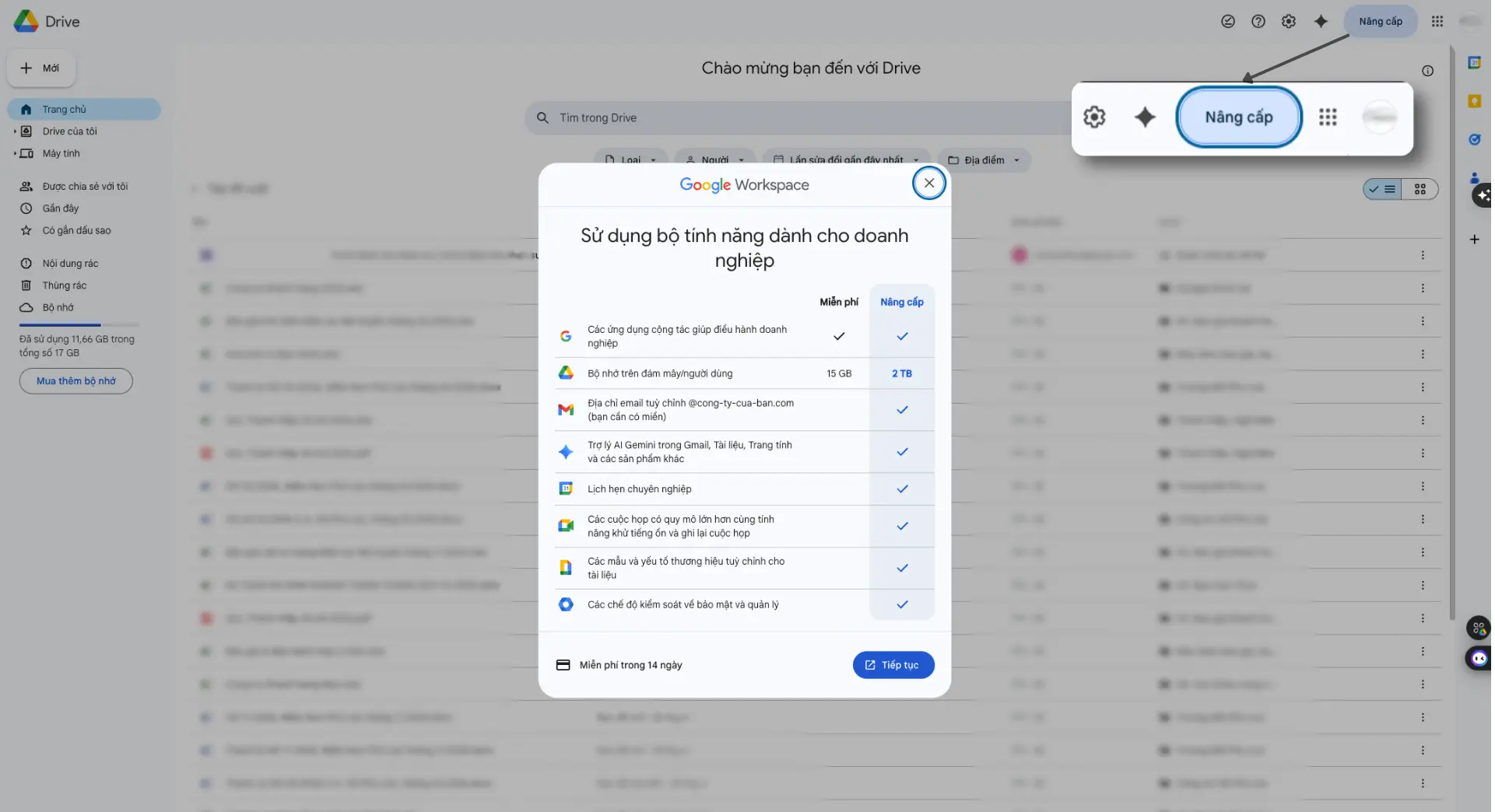 Nút Nâng cấp trong Google Drive và màn hình so sánh gói miễn phí với gói nâng cấp Google Workspace có Gemini.