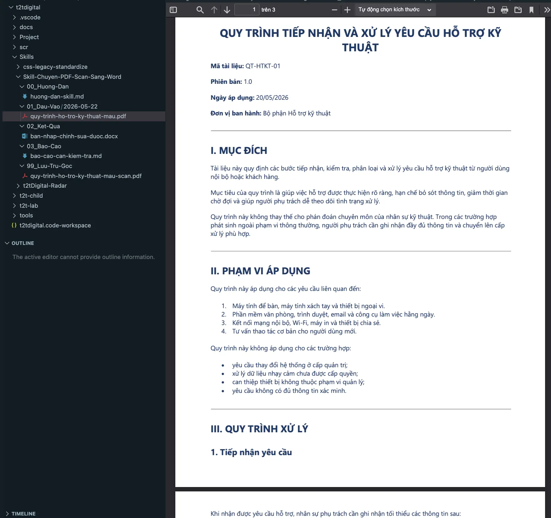 Ảnh chụp thư mục Đầu Vào của Skill, đang mở file PDF mẫu nhiều trang cần chuyển thành bản nháp chỉnh sửa được.